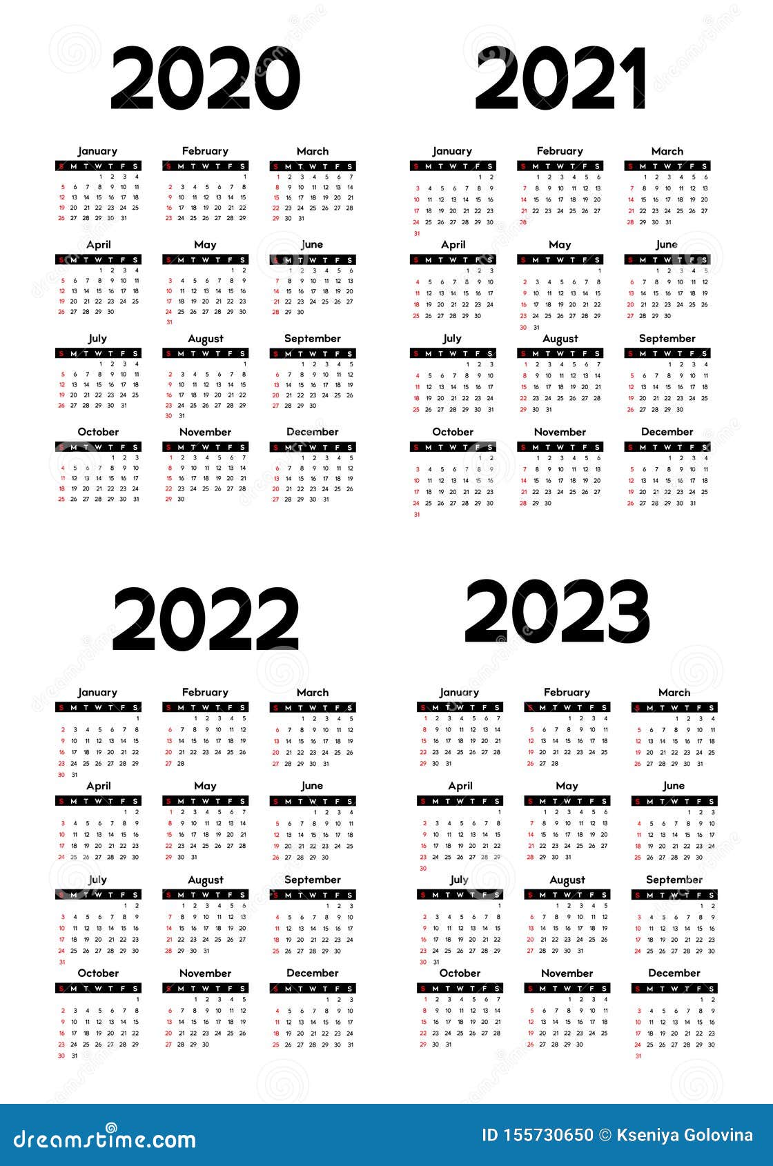 werkzaamheid dilemma geroosterd brood Calendar 2020, 2021, 2022 and 2023, Week Starts on Sunday Stock Vector -  Illustration of january, leaflet: 155730650