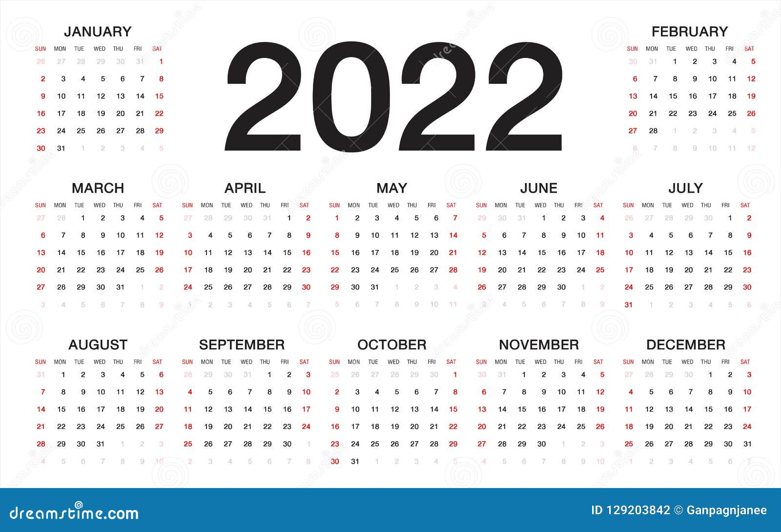 Calendar 2022 Week Starts From Sunday Business Template Stock Vector