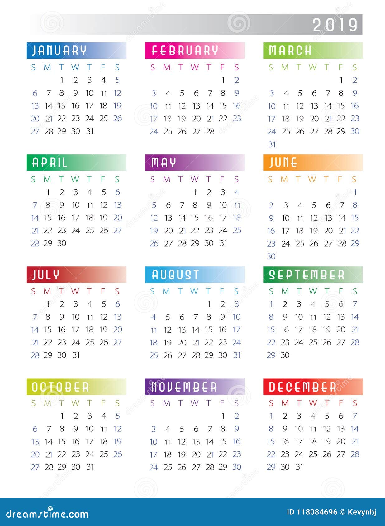 2019-calendar-week-starts-on-sunday-colorful-stock-illustration