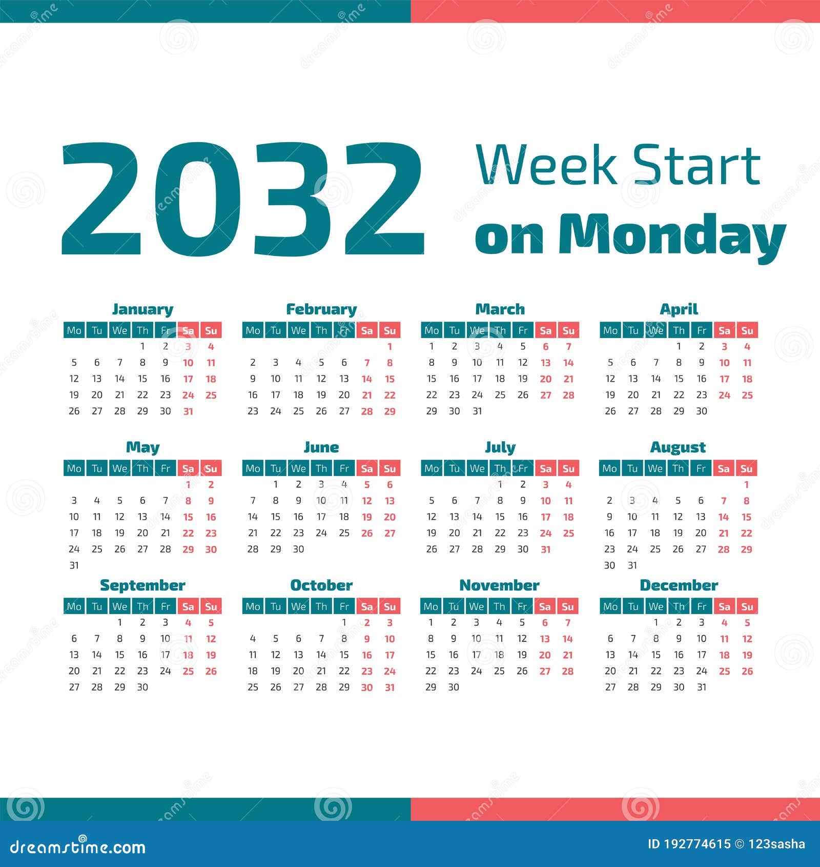 2032 Calendar with the Weeks Start on Monday Stock Vector - Illustration of  annual, template: 192774615