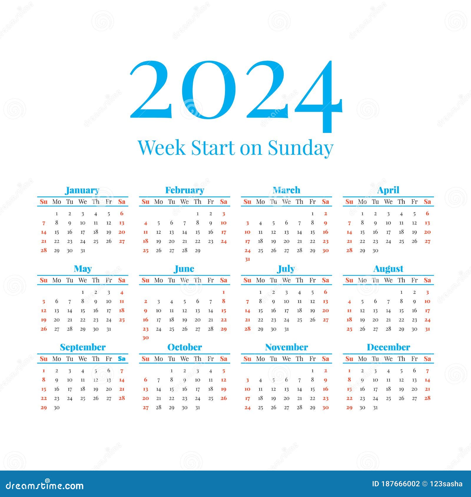 2024 Calendar with the Weeks Start on Sunday Stock Vector 