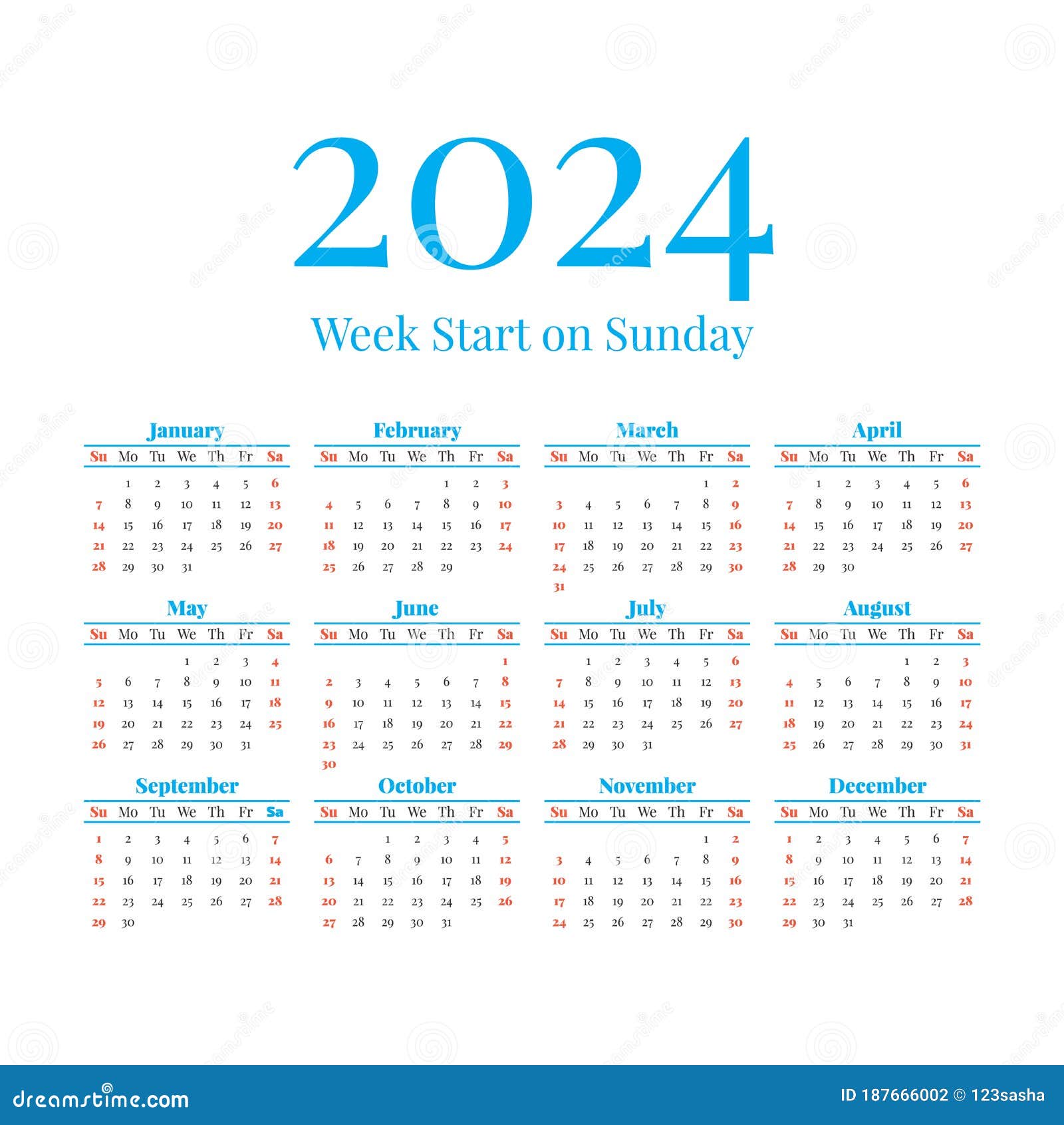 2024 Calendar with the Weeks Start on Sunday Stock Vector