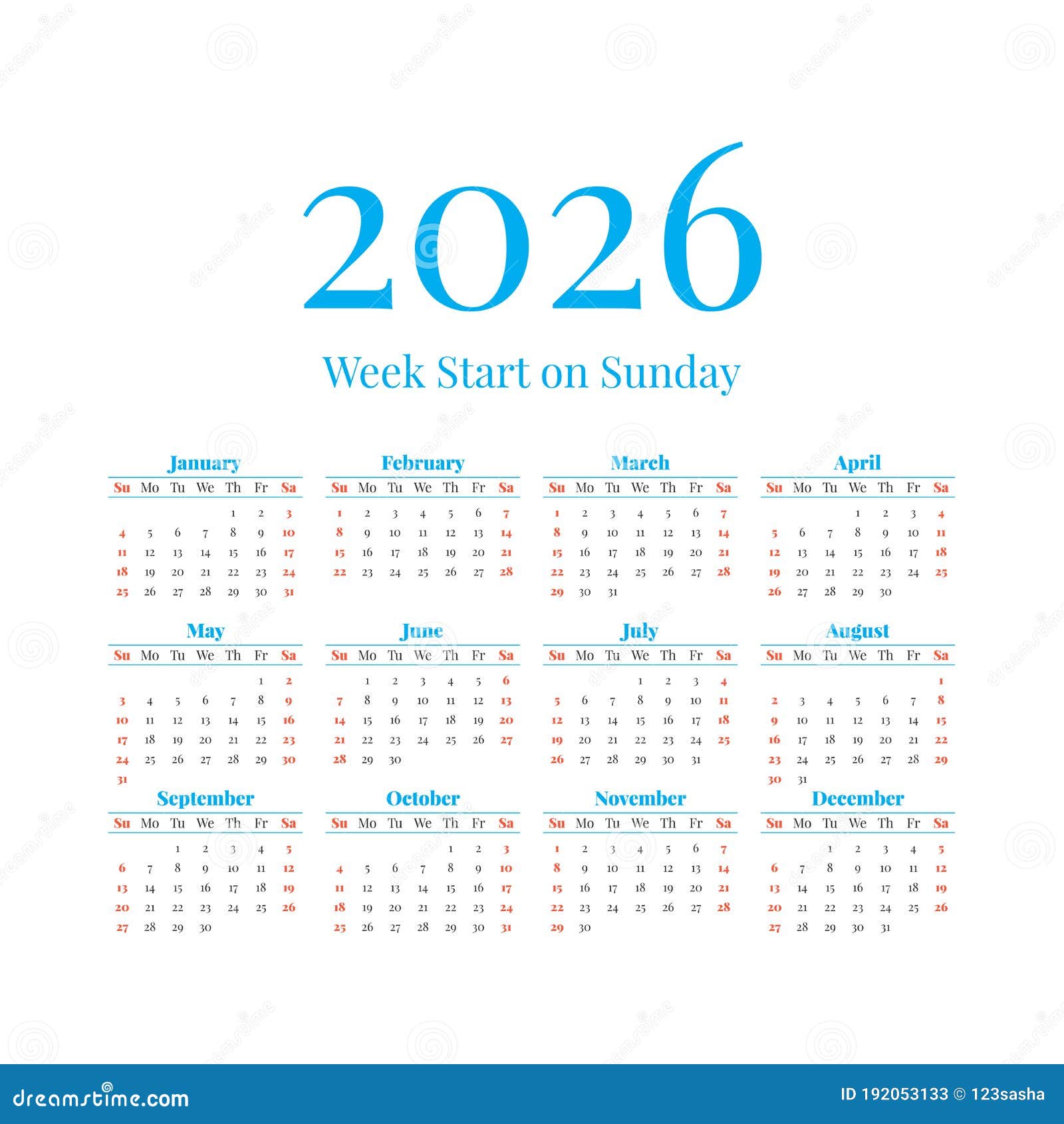 2026-calendar-with-the-weeks-start-on-sunday-stock-vector