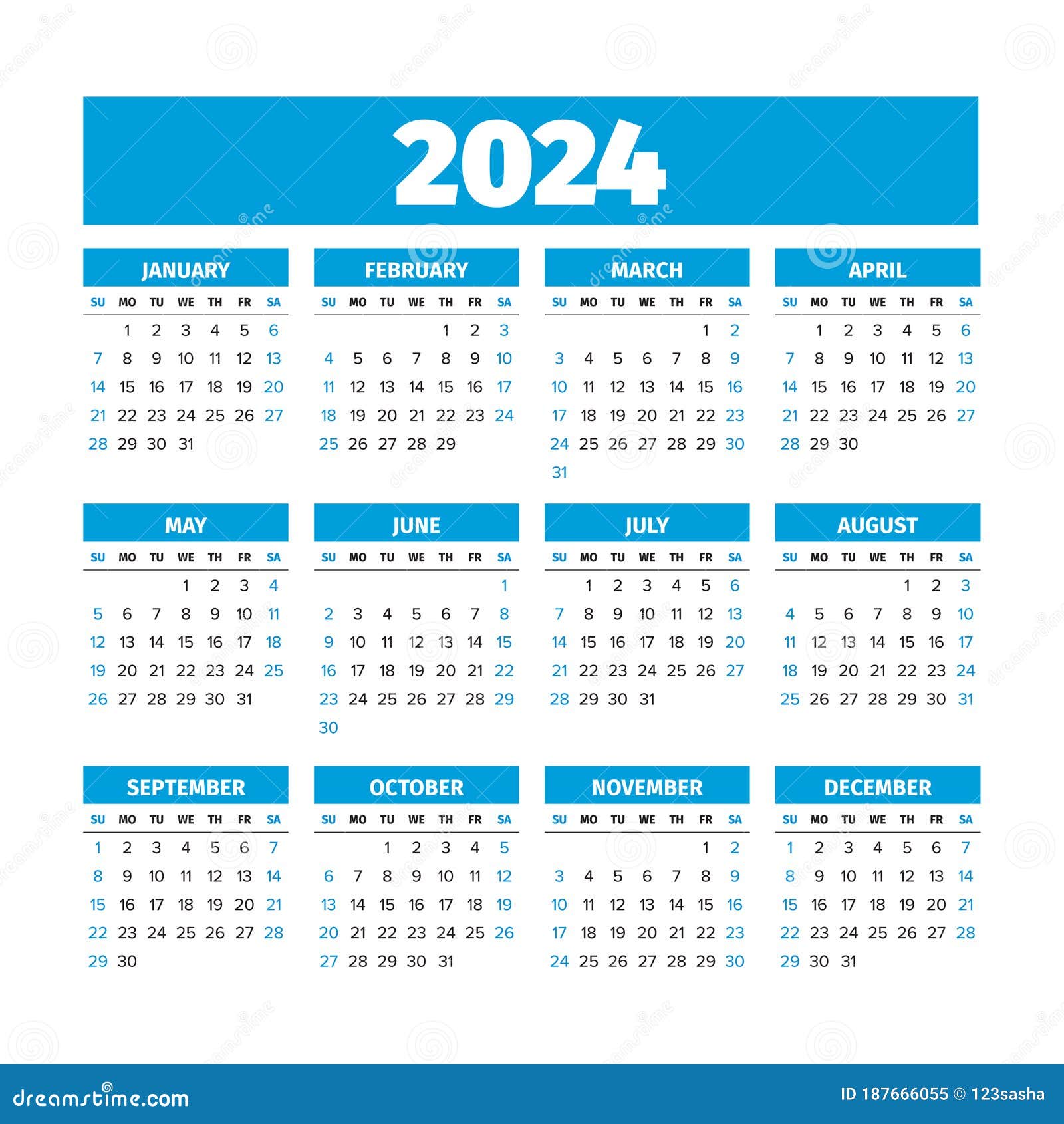 2024 Calendar with the Weeks Start on Sunday Stock Vector