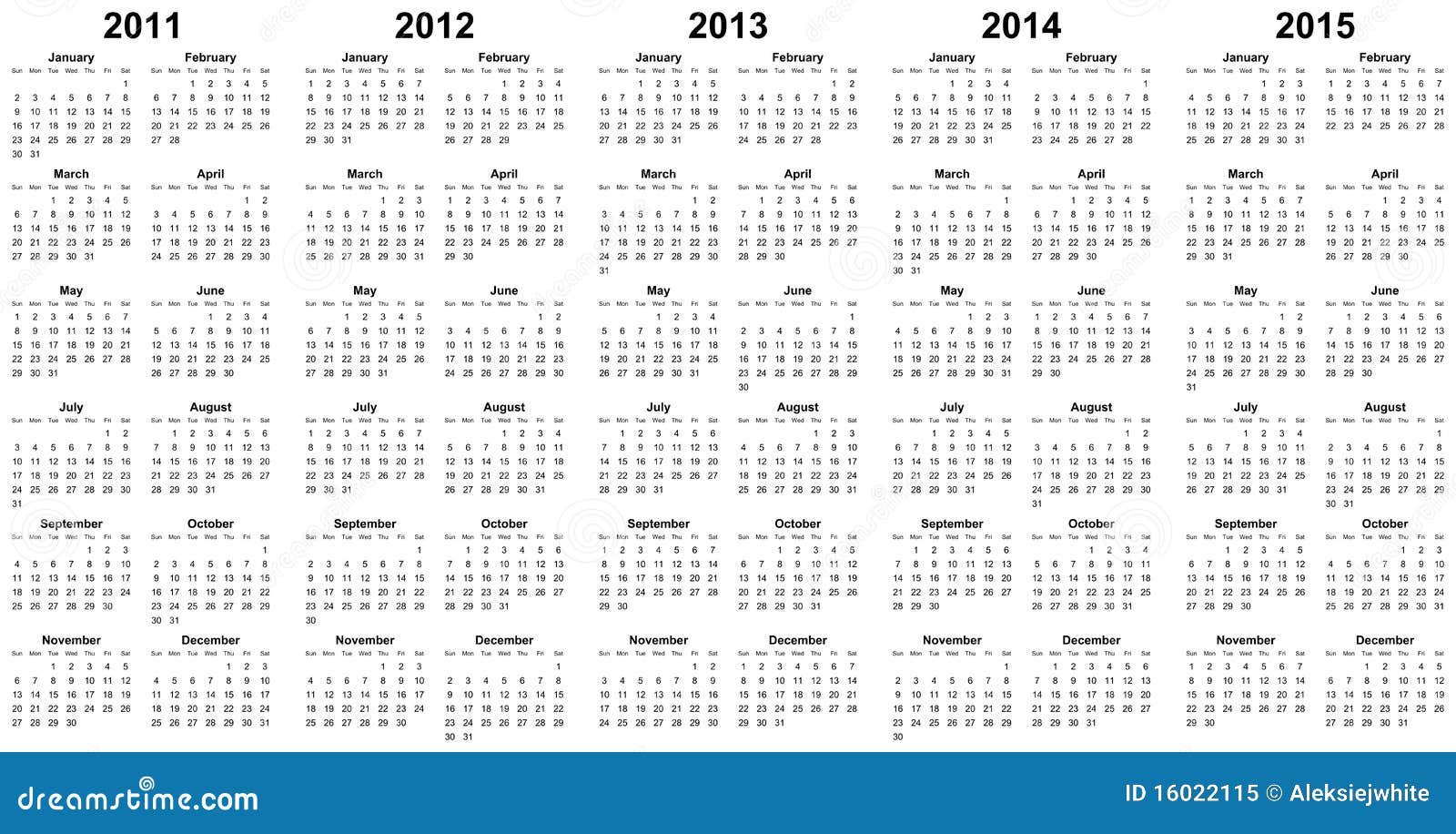 Calendar for Year 2011, 2012, 2013, 2014, 2015 Stock Illustration 