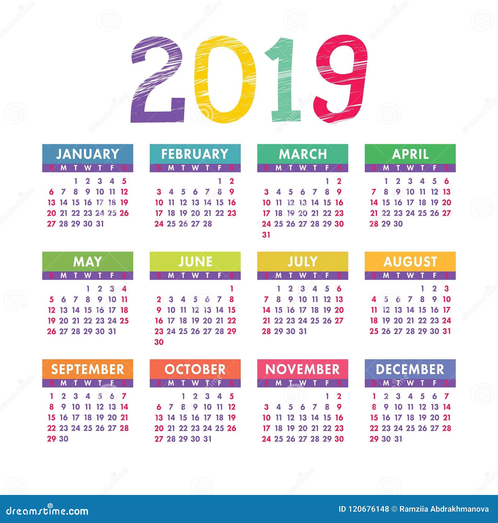 calendar-2019-year-colorful-vector-template-stock-vector