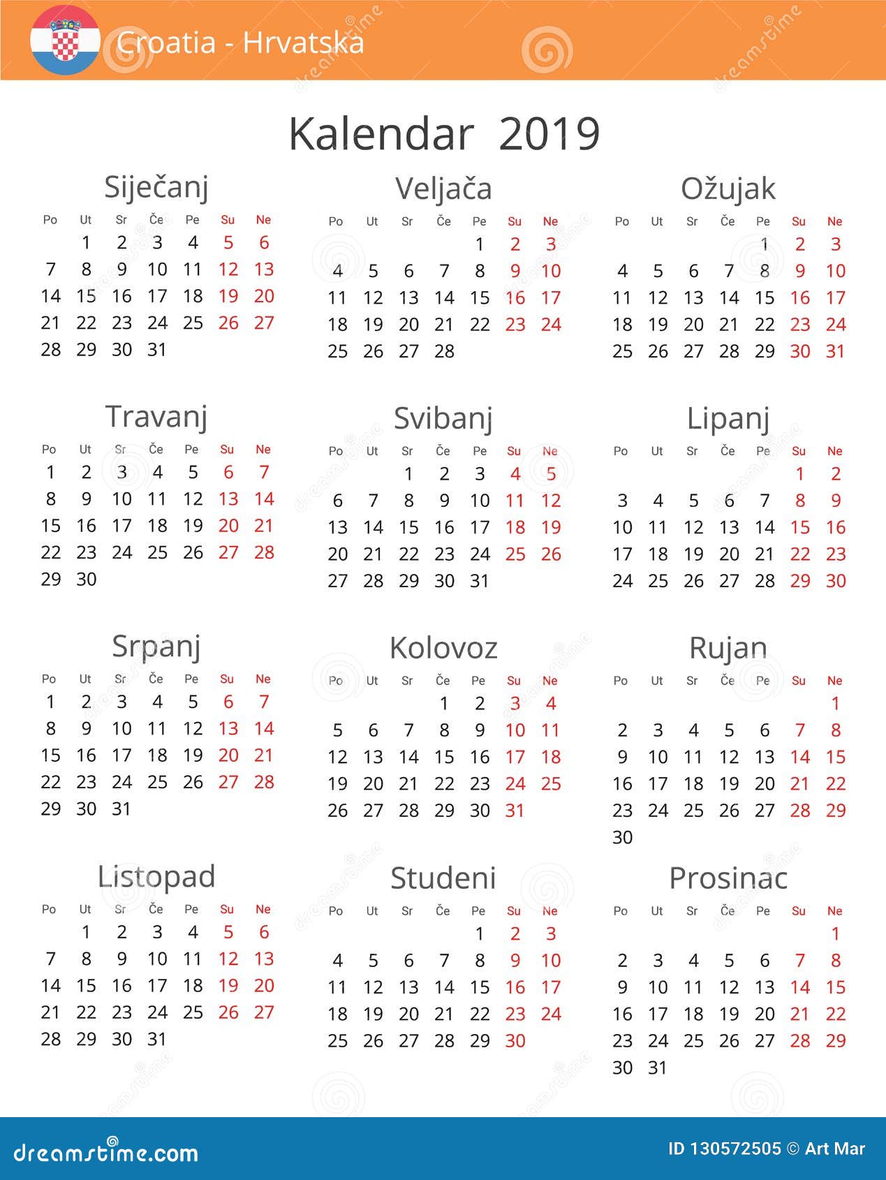 Calendar 2019 Year for Croatia Country Stock Illustration