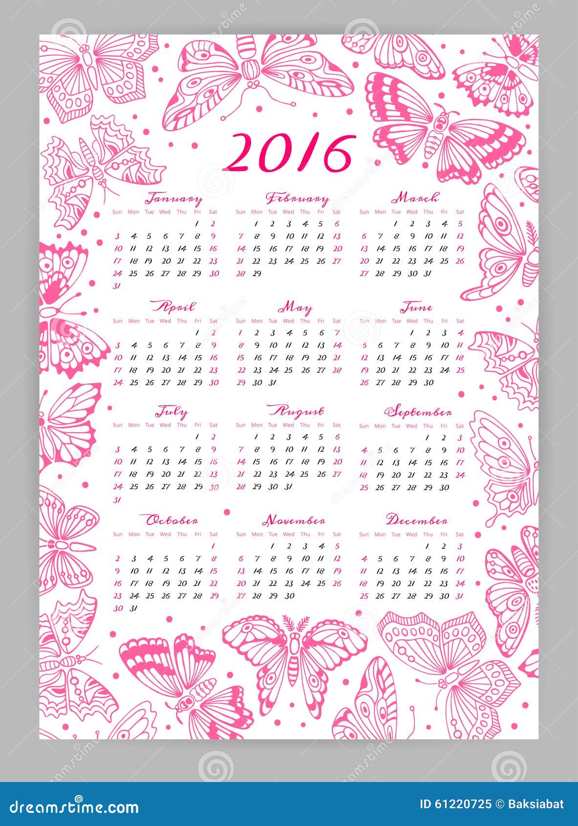 Calendar 2016 Year with Decorative Butterflies Stock Vector