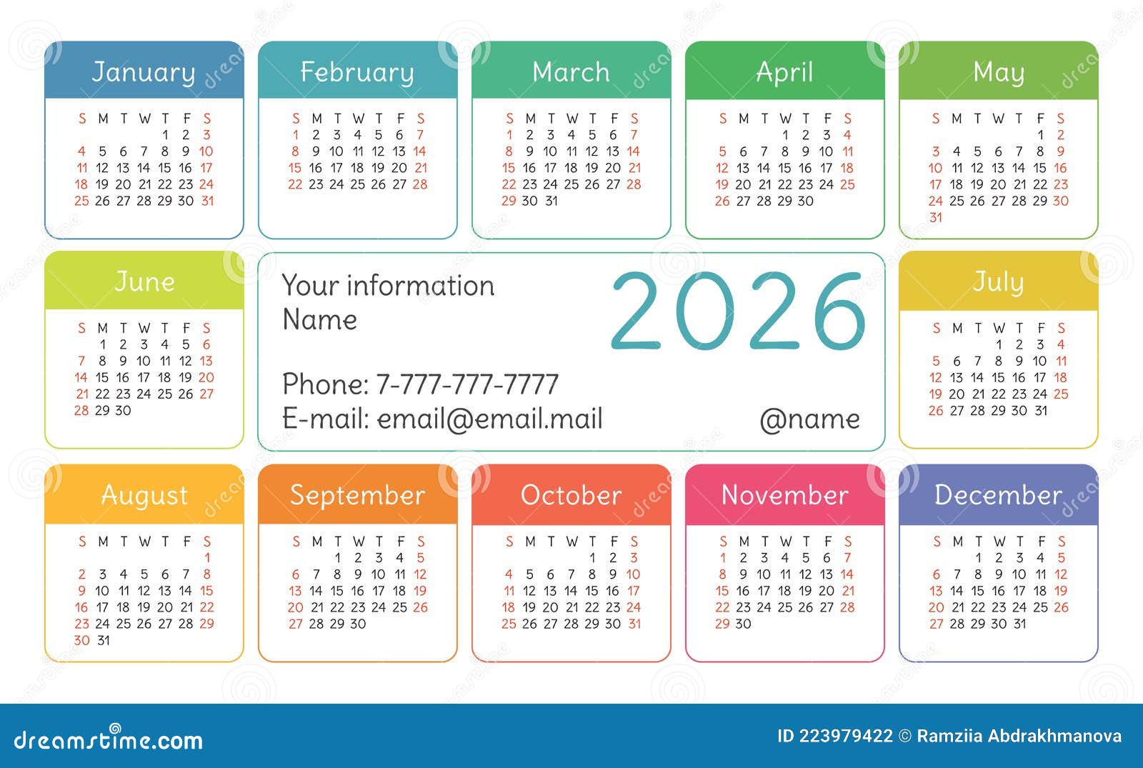 Calendar 2026 Year. English Colorful Vector Horizontal Wall or Pocket ...