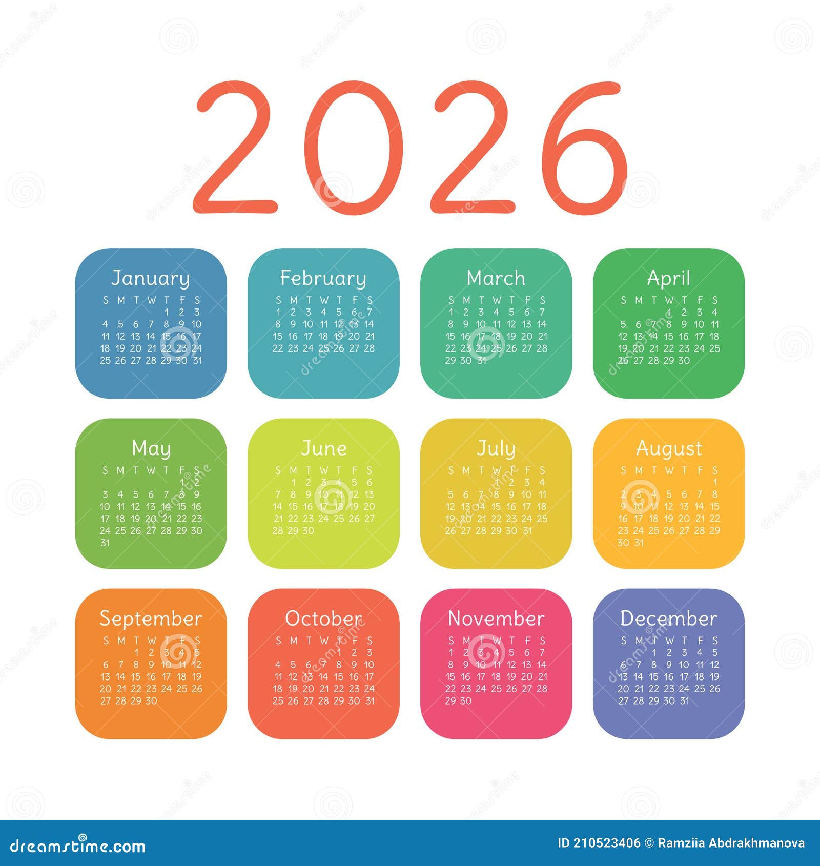Calendar 2026 Year. English Colorful Vector Square Pocket or Wall ...