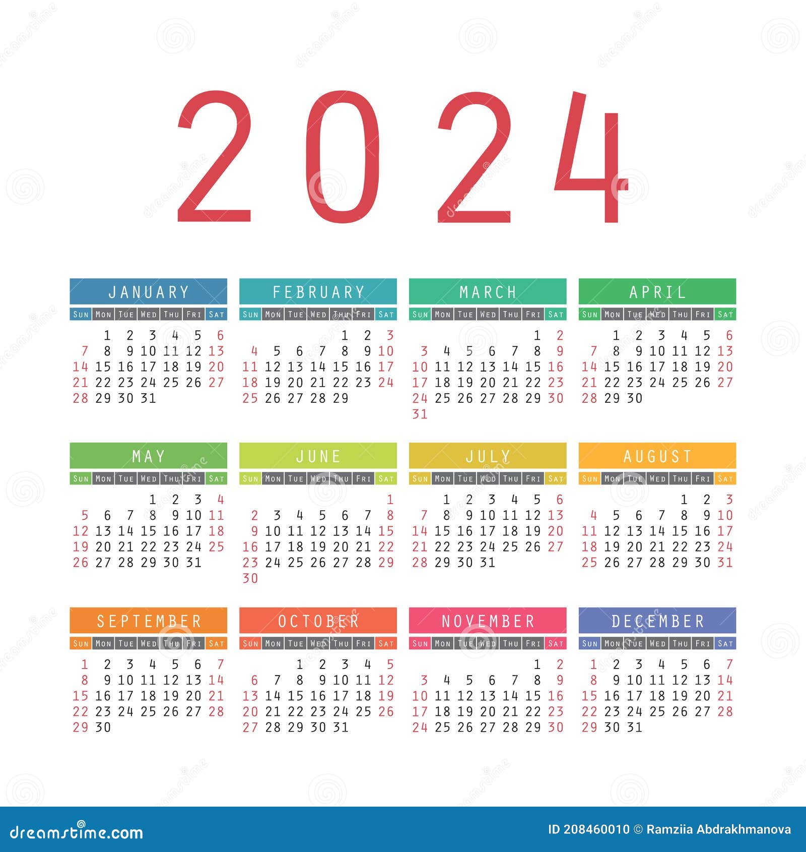 Calendar 2024 Year. English Colorful Vector Square Pocket or Wall