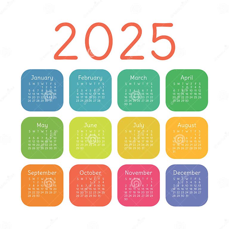 Calendar 2025 Year. English Colorful Vector Square Pocket or Wall