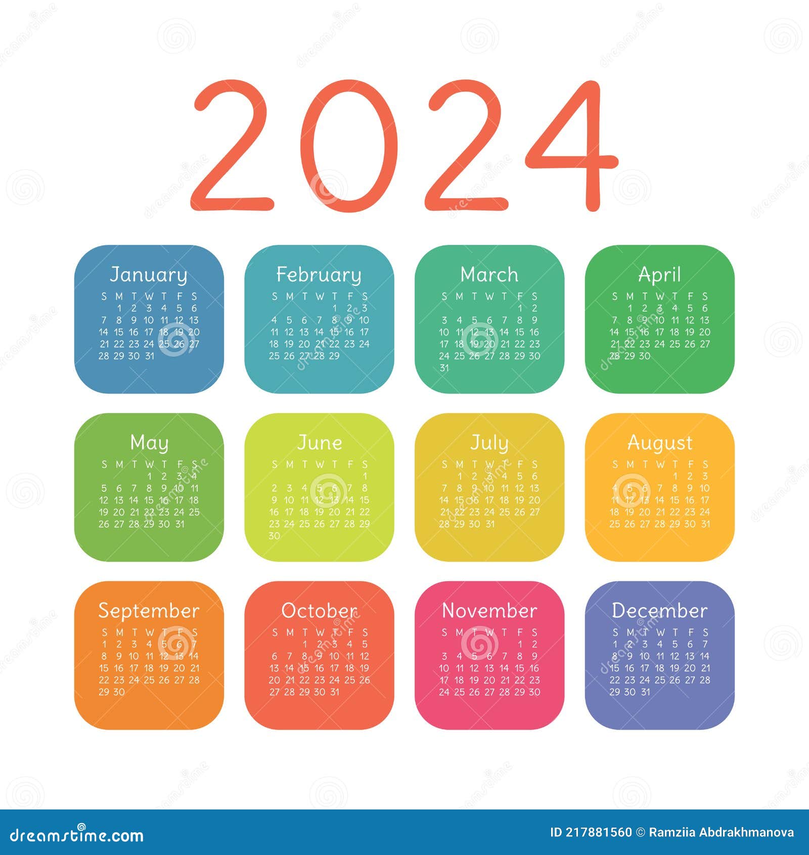 Calendar 2024 Year. English Colorful Vector Square Pocket or Wall Calendar 2024 Year. English Colorful Vector Square Pocket or Wall