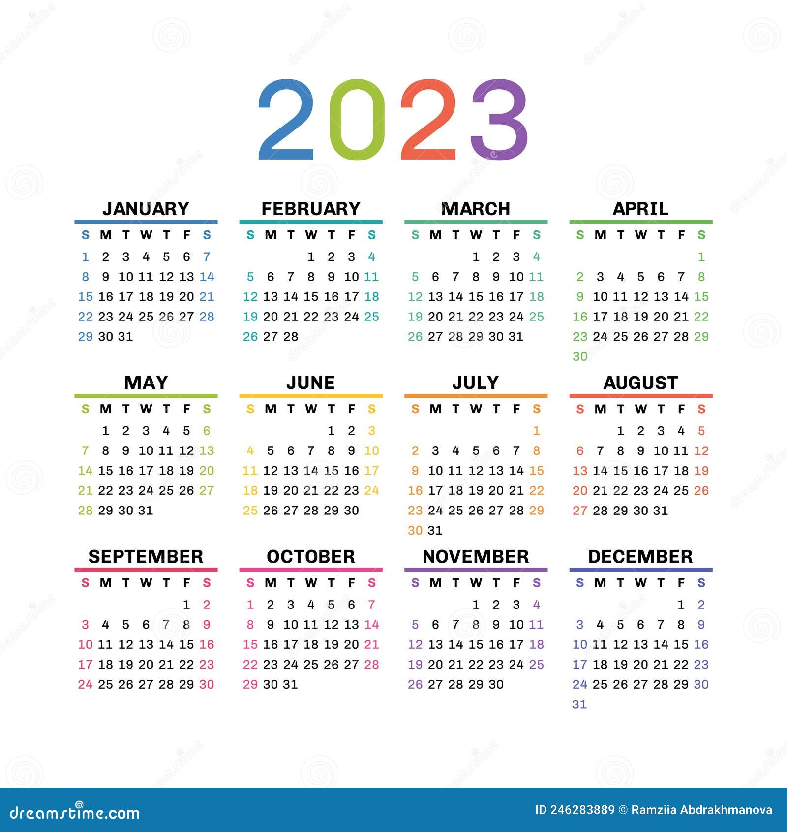 Calendar 2023 Year English Colorful Vector Square Wall Or Pocket