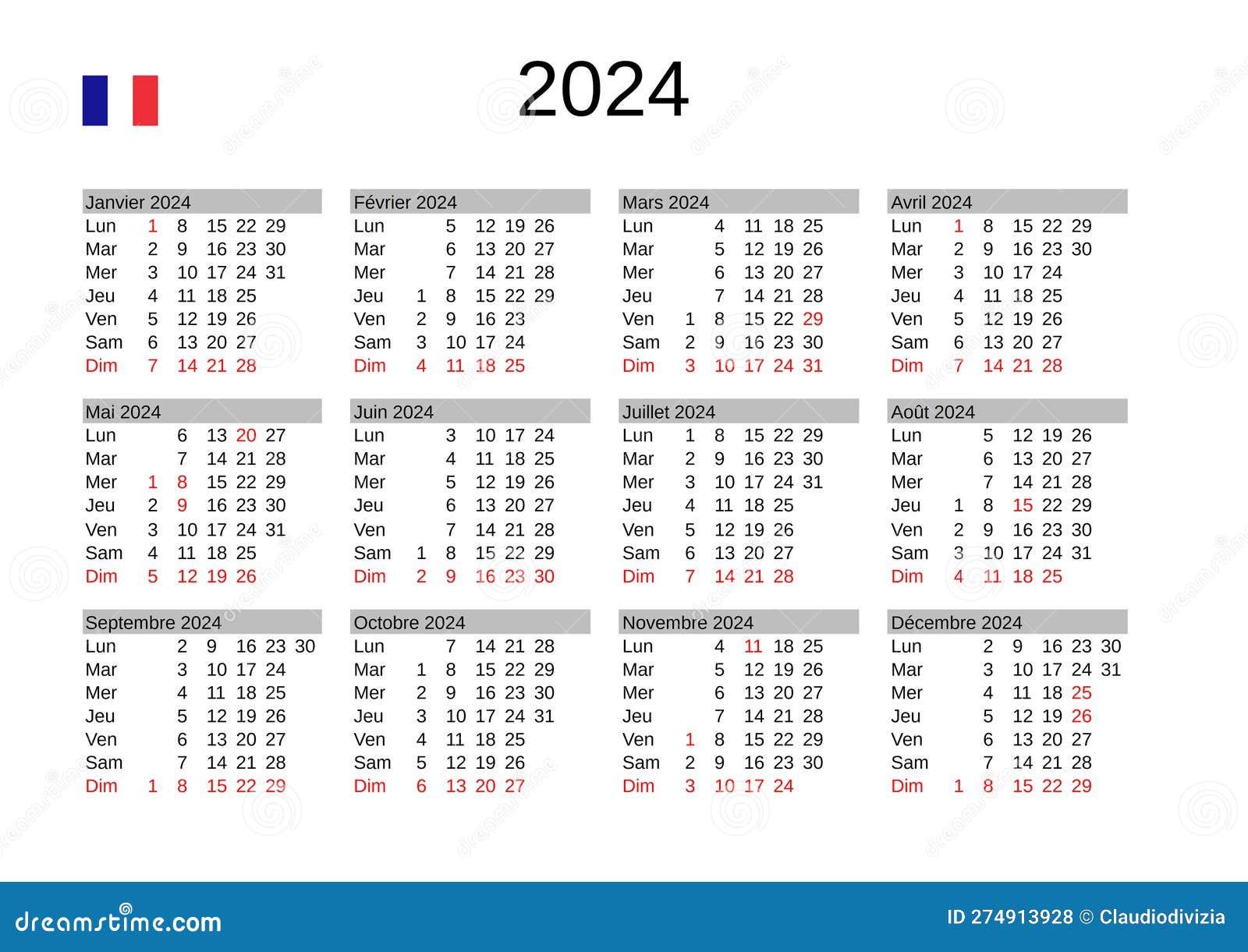Year 2024 Calendar in French with France Holidays Stock Illustration