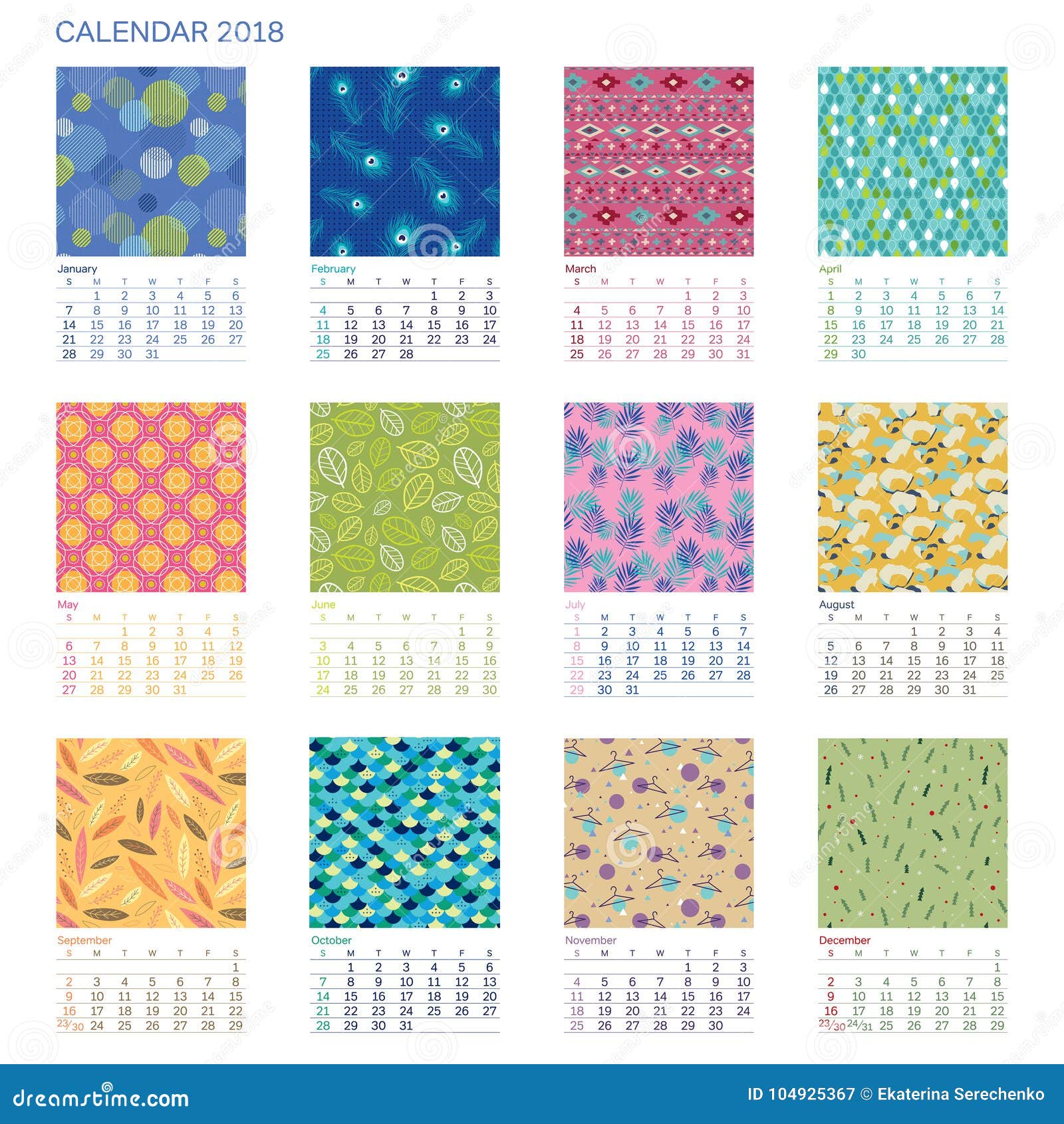 Calendar 2018 with Different Patterns Stock Vector Illustration of