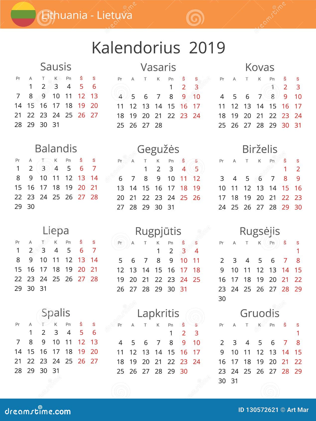 Calendar 2019 Year for Lithuania Country Stock Vector Illustration of