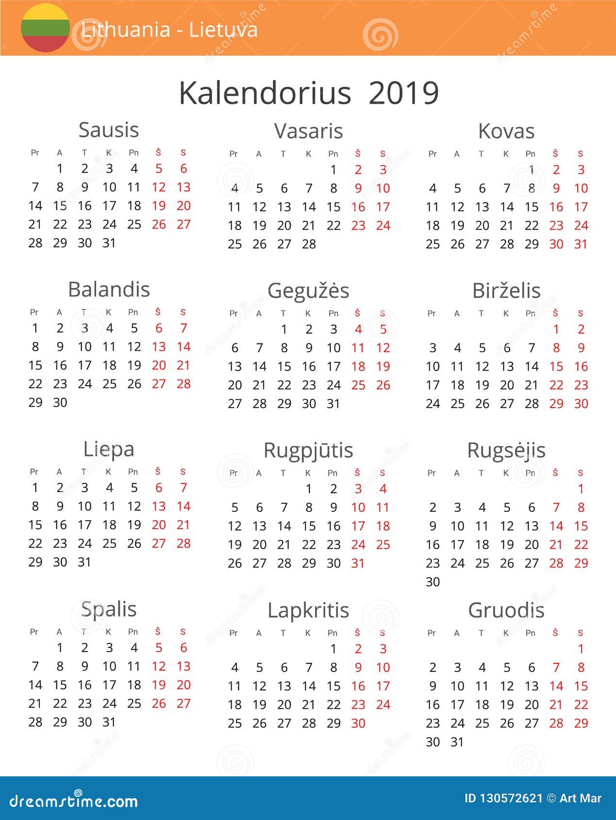 Calendar 2019 Year for Lithuania Country Stock Vector Illustration of