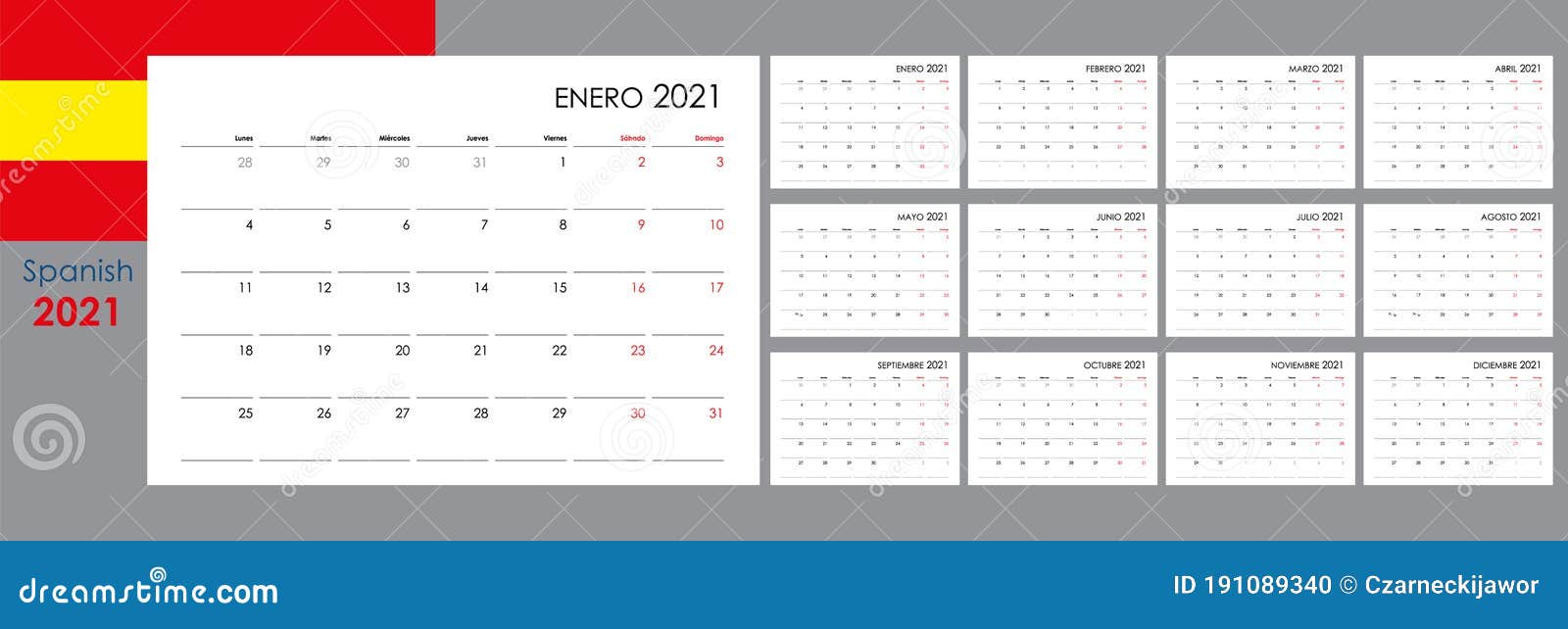 calendar for 2021 year. an organizer and planner for every day. spanish language.