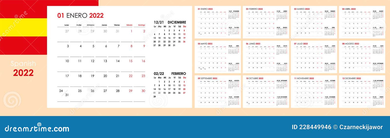 Calendar For 2022 Year. An Organizer And Planner For Every Day. Spanish Language. Stock Vector - Illustration Of Personal, Week: 228449946