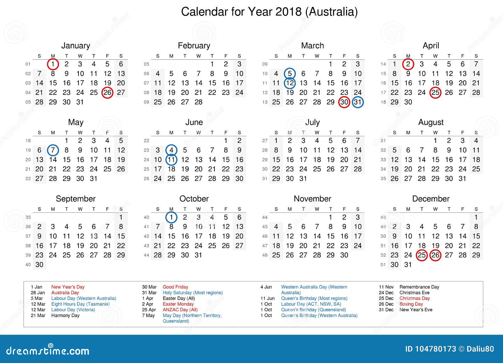 Calendar of Year 2018 with Public Holidays and Bank Holidays for Stock