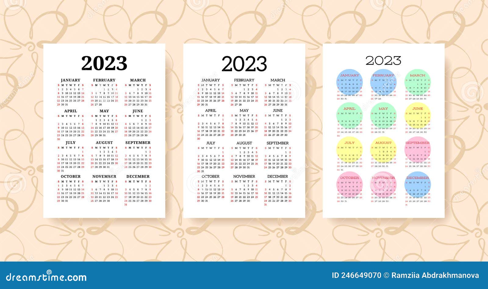 Calendar 2023 Year Set. Vector Template Collection. Graphic Design