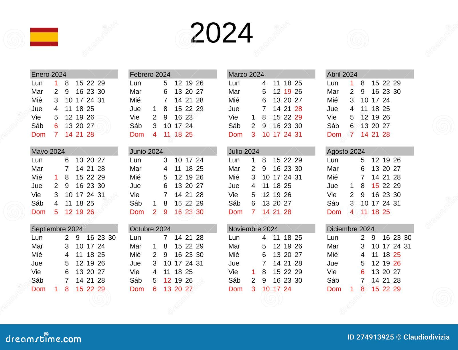 Year 2024 Calendar in Spanish with Spain Holidays Stock Illustration