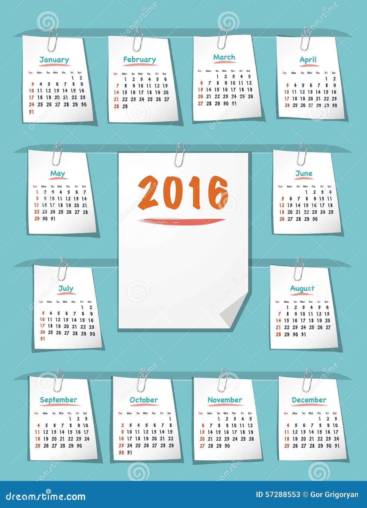 Calendar for 2016 Year on Sticky Notes Stock Vector Illustration of
