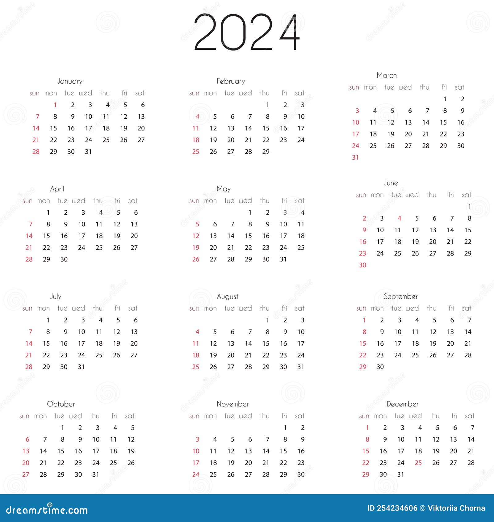 2024 Calendar Year Template. Vector Illustration of Annual Calendar