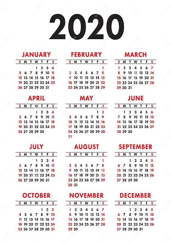 Calendar 2020 Year. Vector Design Template Stock Vector - Illustration ...