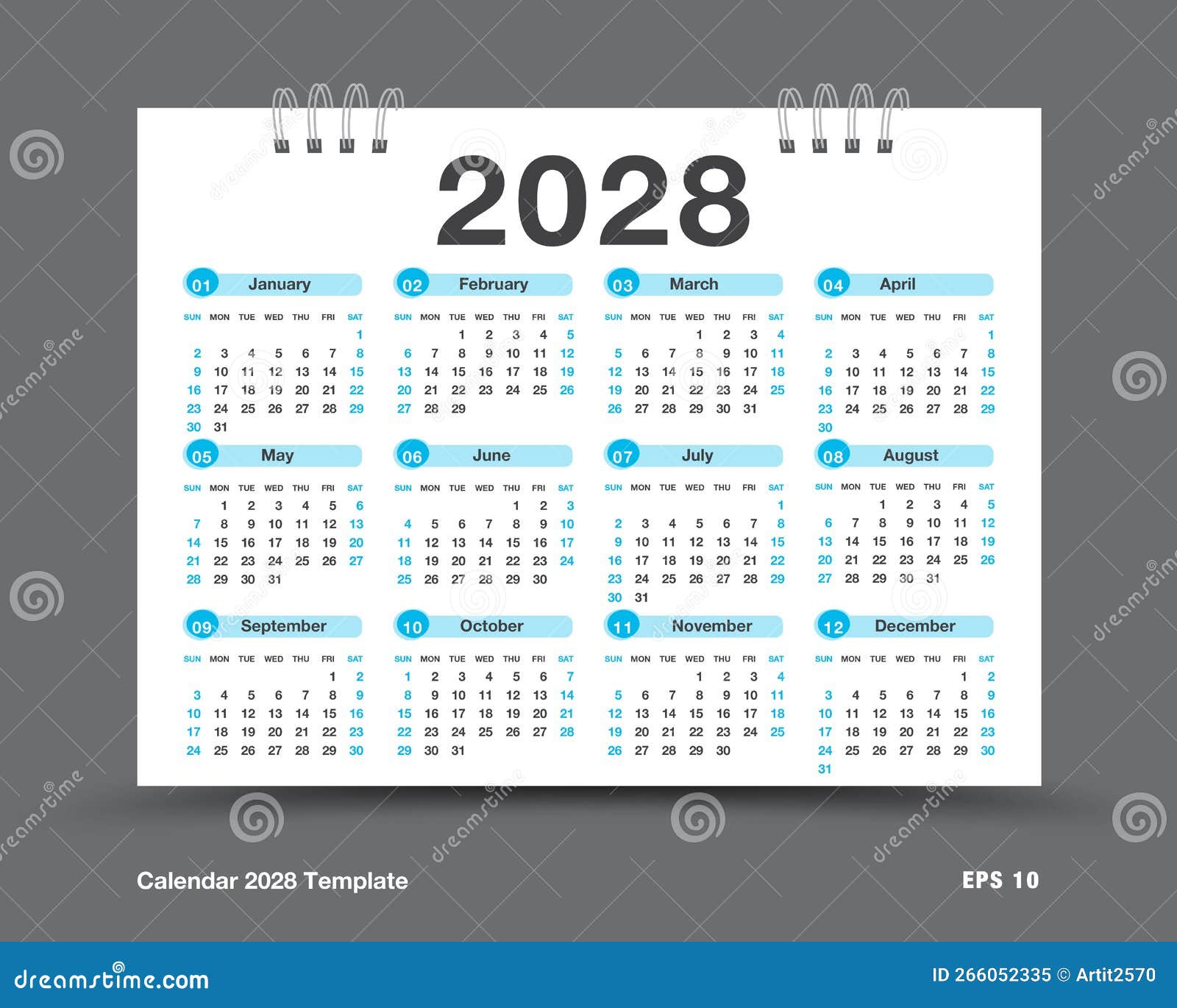 Calendar 2028 Year Vector Illustration, Set of 12 Months, Week Starts on Sunday, Simple Planner