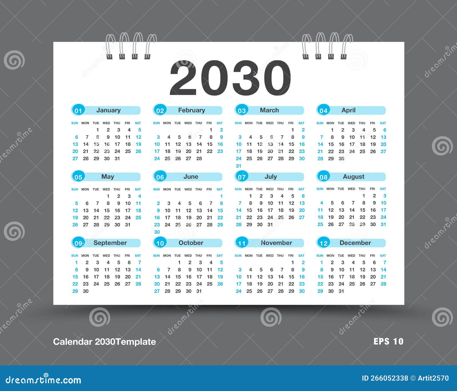 Calendar 2030 Year Vector Illustration Set Of 12 Months Week Starts