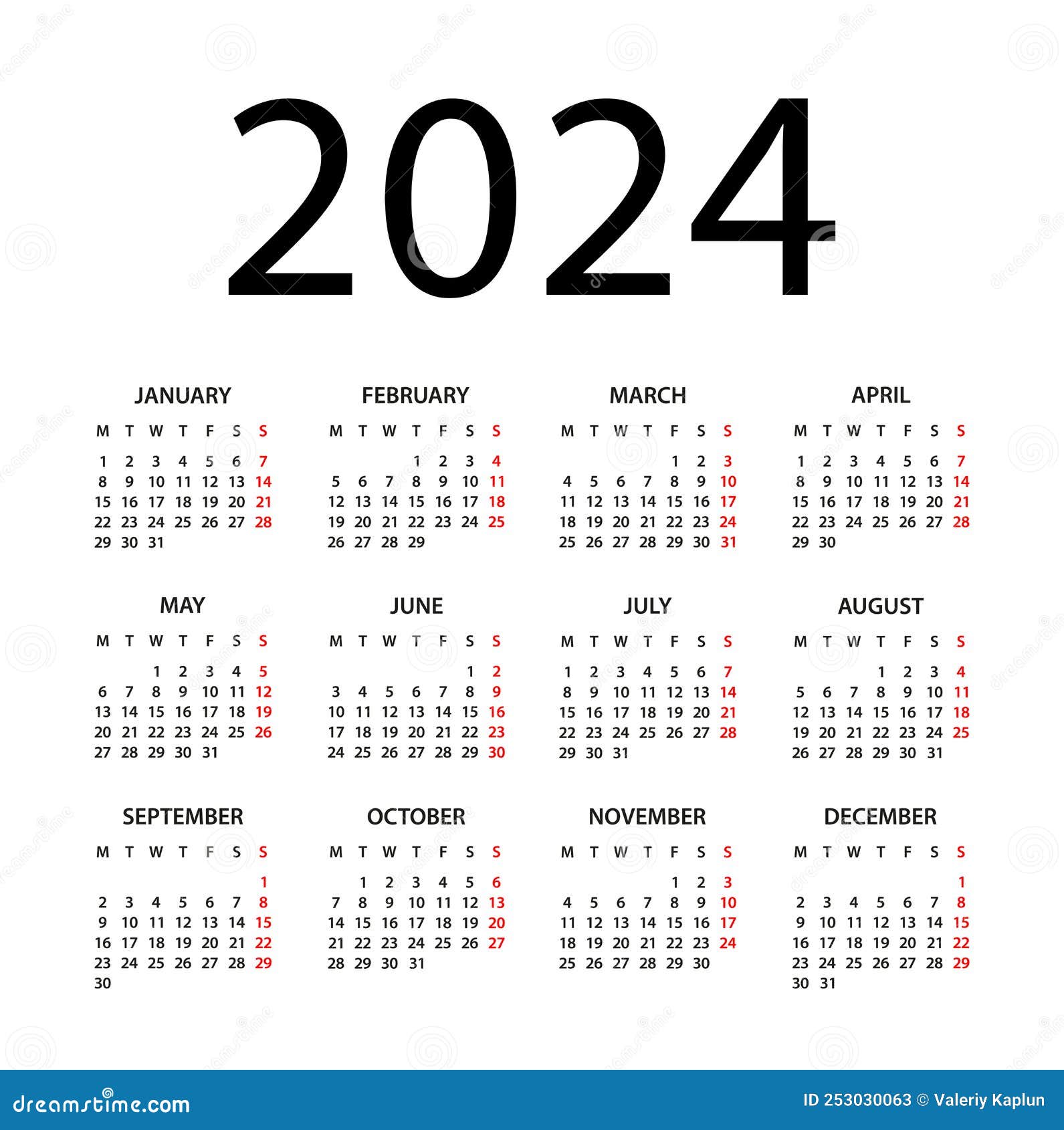 Calendar 2024 Year - Vector Illustration. Week Starts on Monday