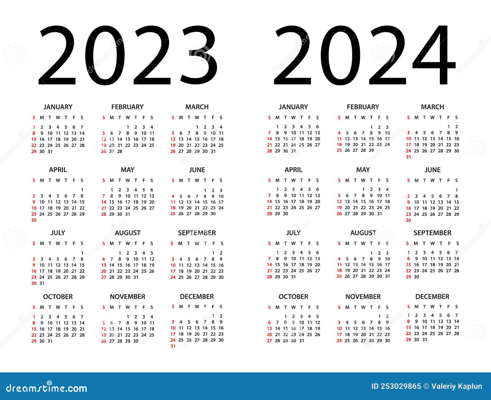 Calendar 2023, 2024 Year - Vector Illustration. Week Starts on Sunday ...