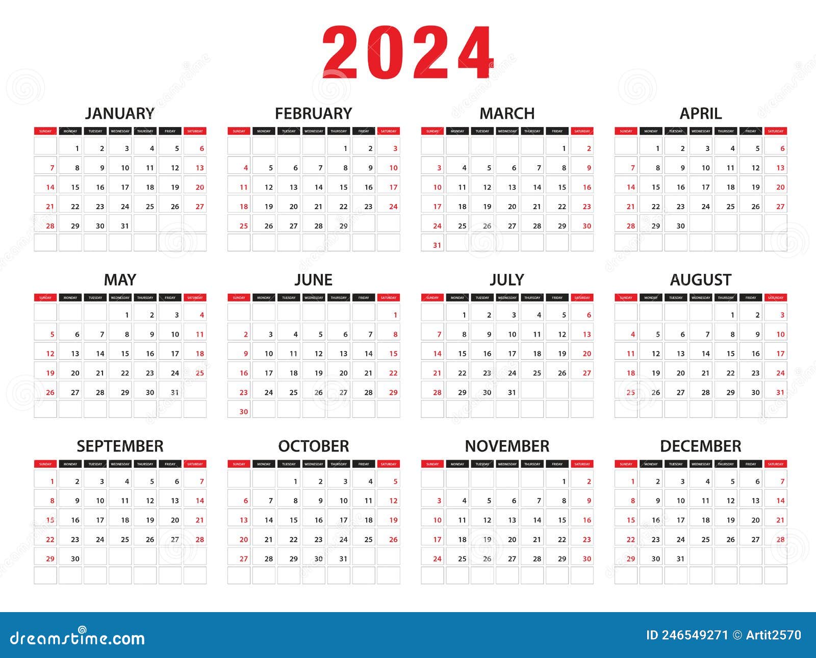 2024 Calendar Year Vector Illustration. Week Starts on Sunday, Simple