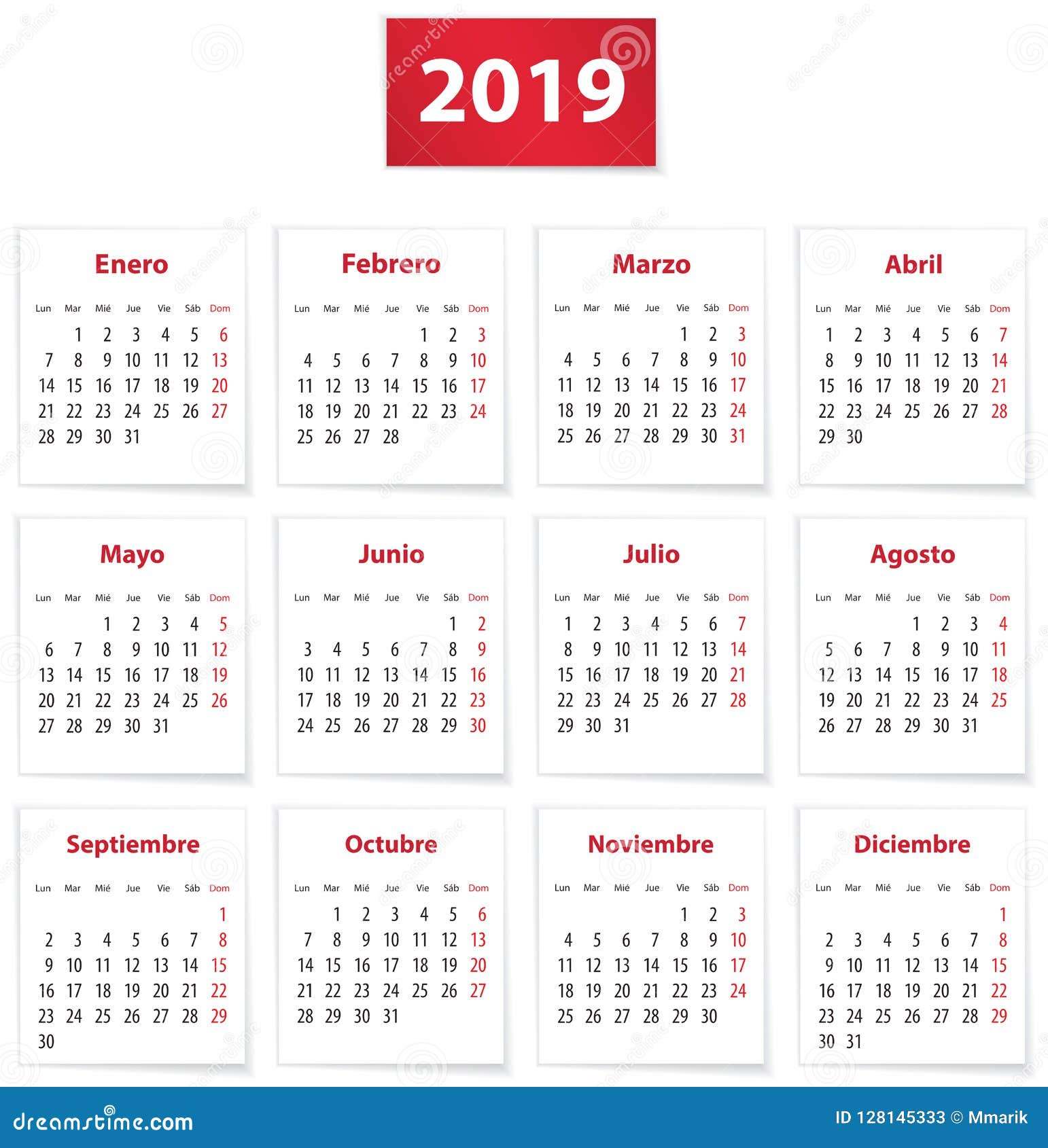 2019 Spanish Calendar in Red Stock Vector Illustration of time, year