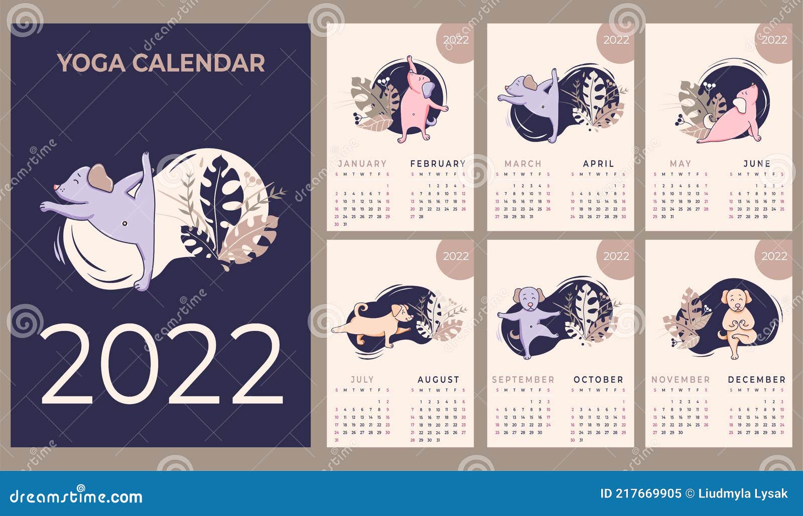 Cute Calendar 2022 Calendar 2022. Yearly Calendar. Concept Design - Yoga For Pets. Vector. Set  Of Templates For 12 Months 2022 With Cute Stock Vector - Illustration Of  Sport, Business: 217669905