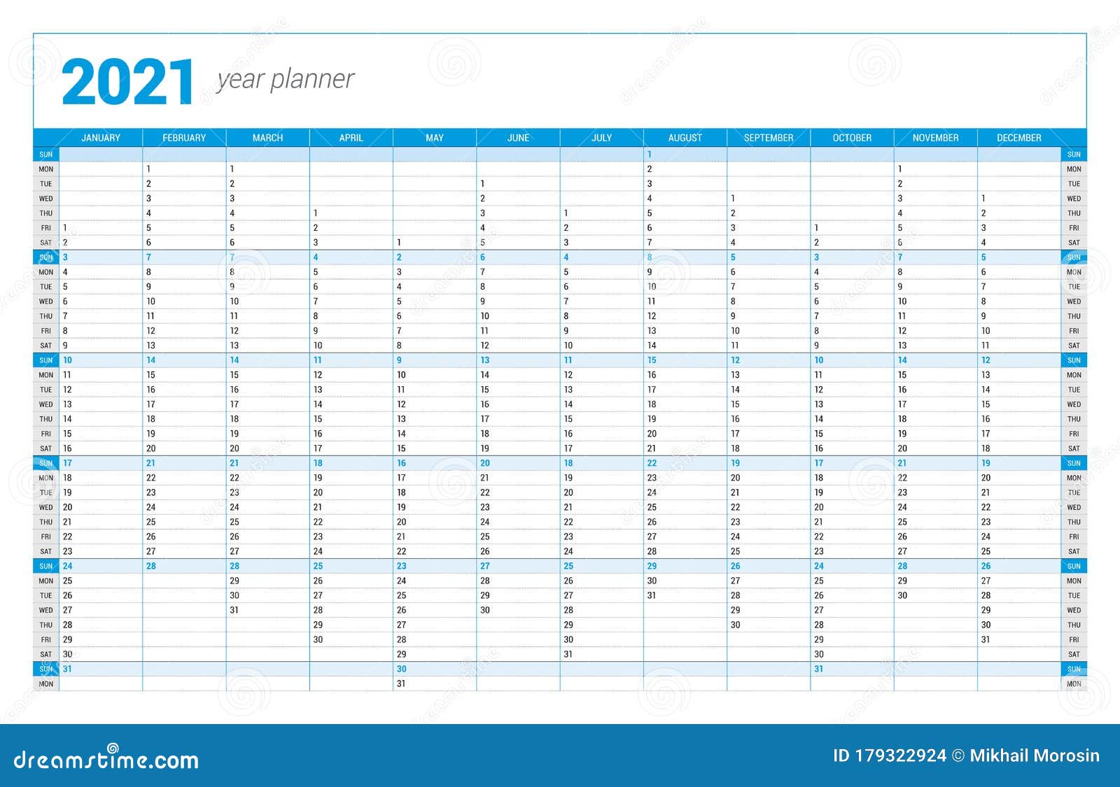 Calendar Yearly Planner Template for 2021. Printable Template