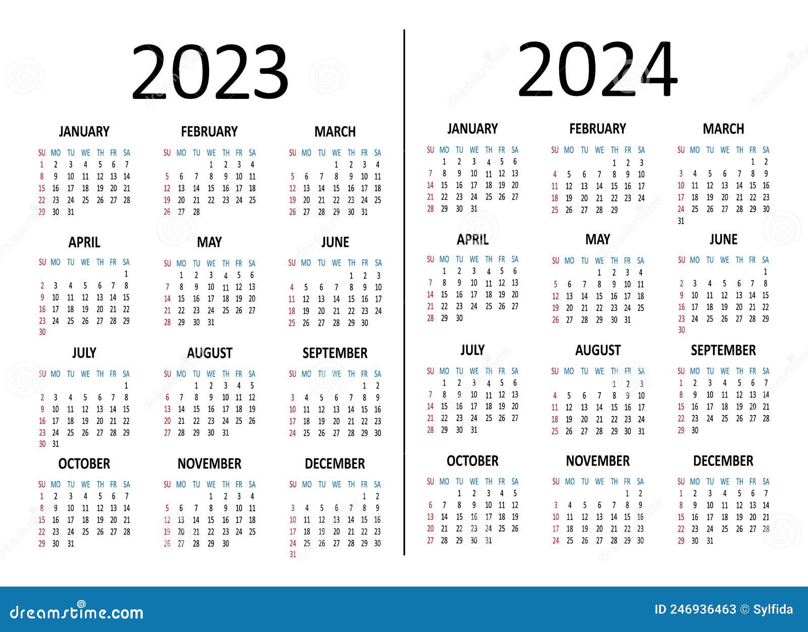 Calendar Yearly 2023 2024 Week Starts On Sunday Stock Vector