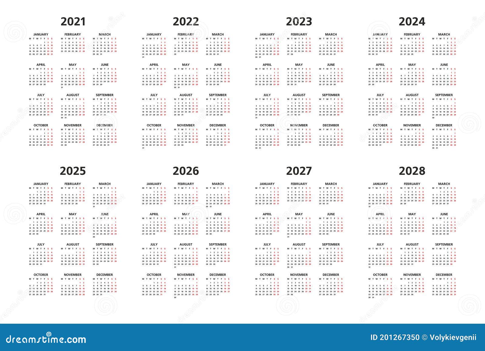 Calendar 2021 2022 2023 2024 2025 2026 2027 2028 Years Stock