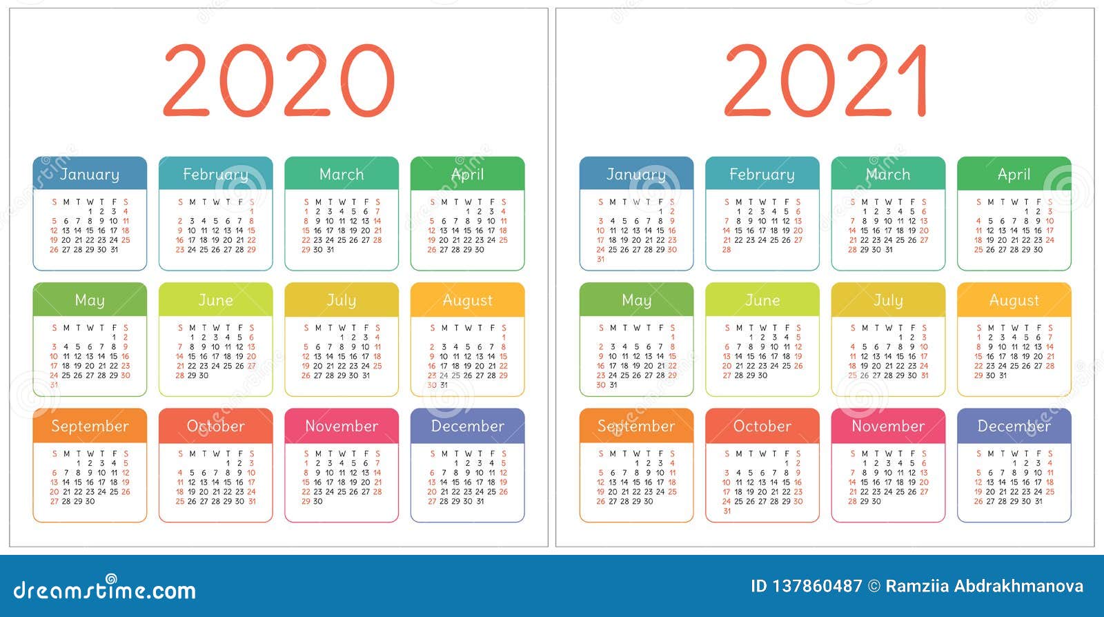 Calendar 2020 2021 Years Colorful Set Week Starts On Sunday Basic Grid Pocket Calender Stock Vector Illustration Of Pocket Sunday 137860487 calendario on line 2020 2021