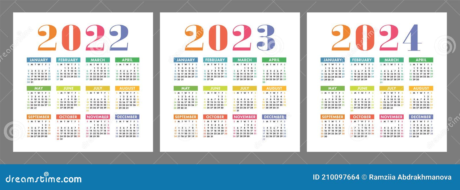 Calendar 2022 2023 And 2024 Years English Colorful Vector Set Square