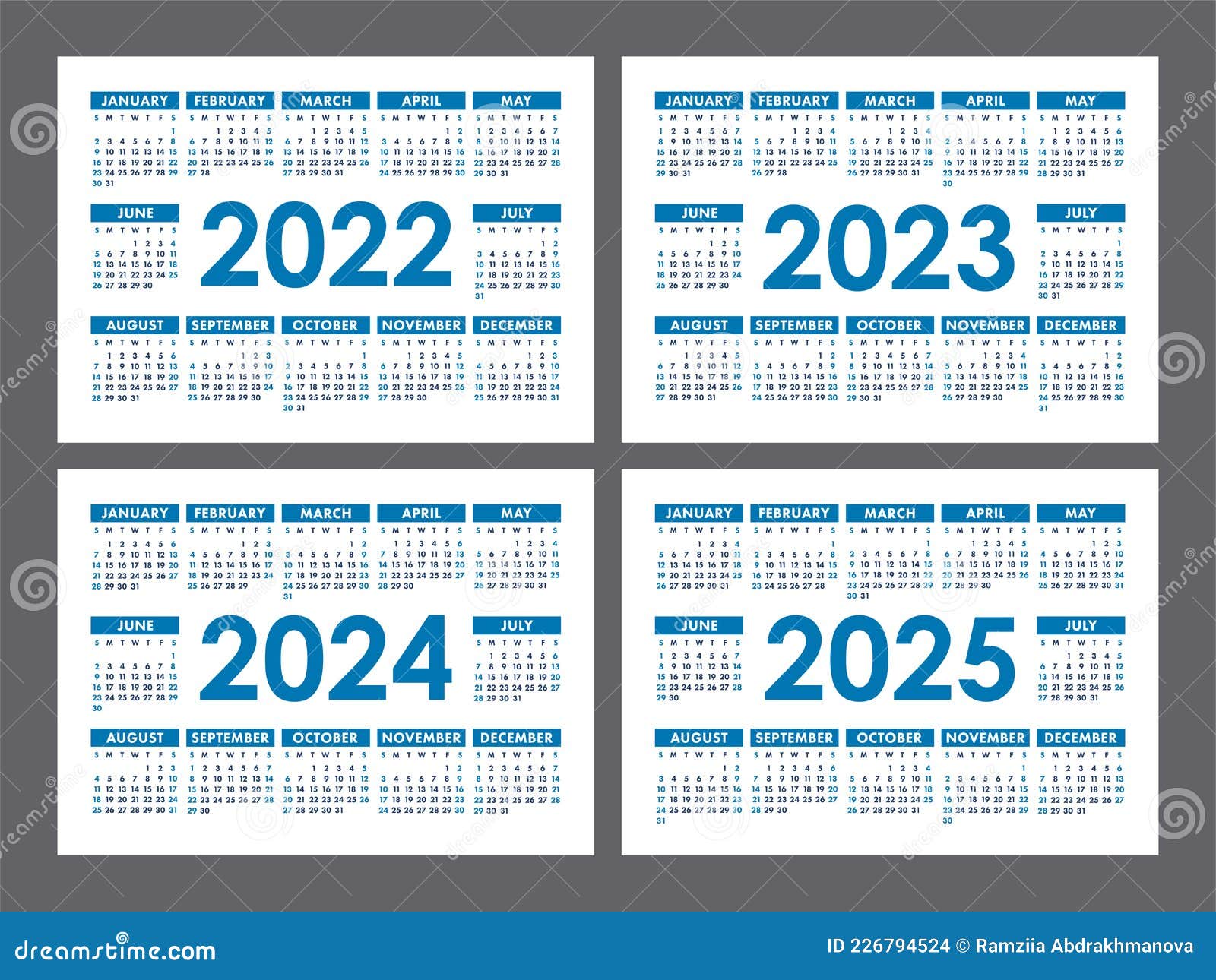 Calendar 2022, 2023, 2024 and 2025 Years. English Vector Set