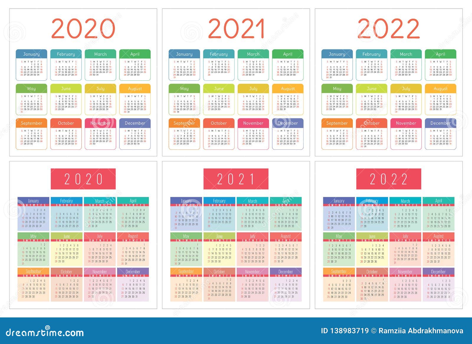 Calendar 2020 2021 2022 Years Pocket Calender Colorful Set Week