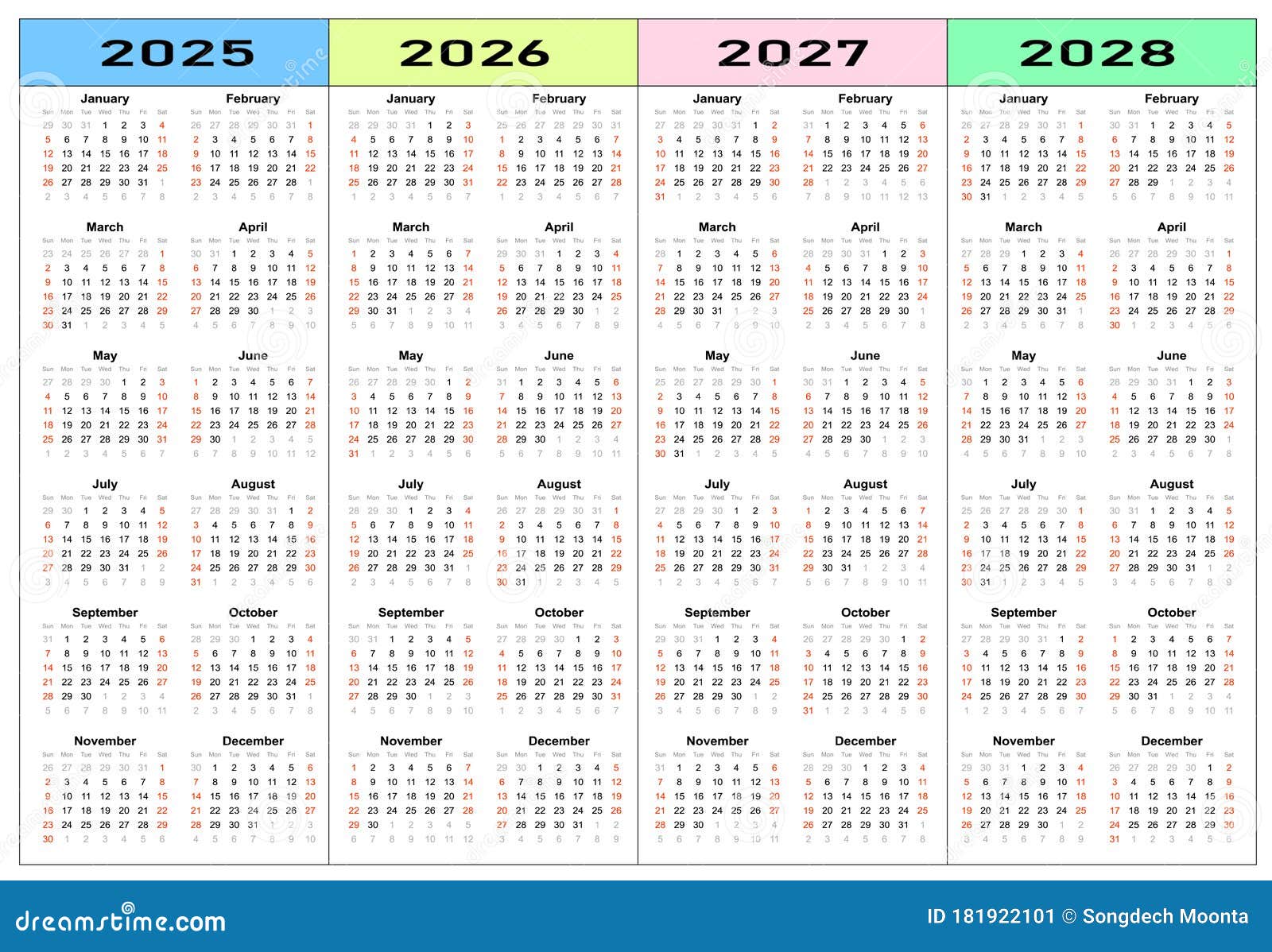 Calendar 2025, 2026, 2027, 2028 Years Set. Stock Vector - Illustration