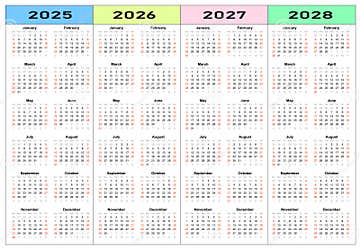 Calendar 2025 2026 2027 2028 Years Set Stock Vector Illustration 