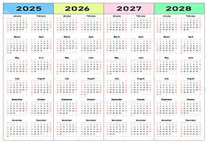 Calendar 2025 2026 2027 2028 Years Set Stock Vector Illustration 