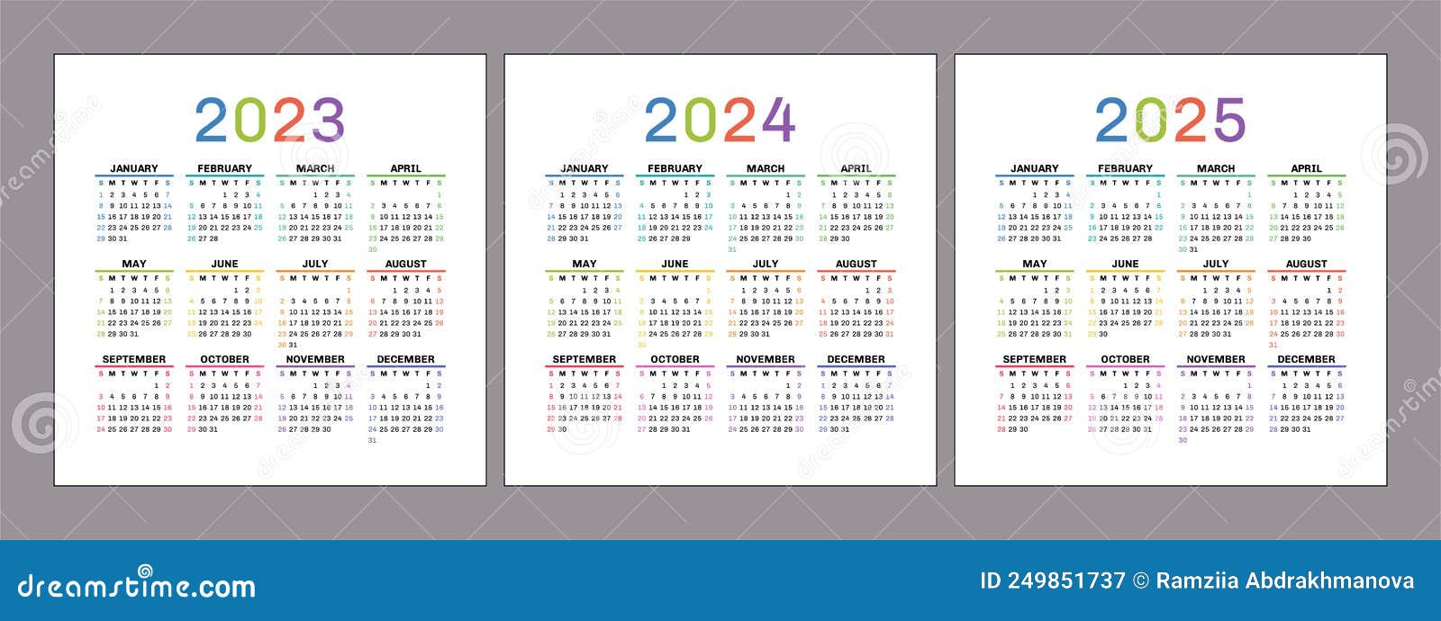 Calendar 2023, 2024 and 2025 Years. Square Vector Calender Design