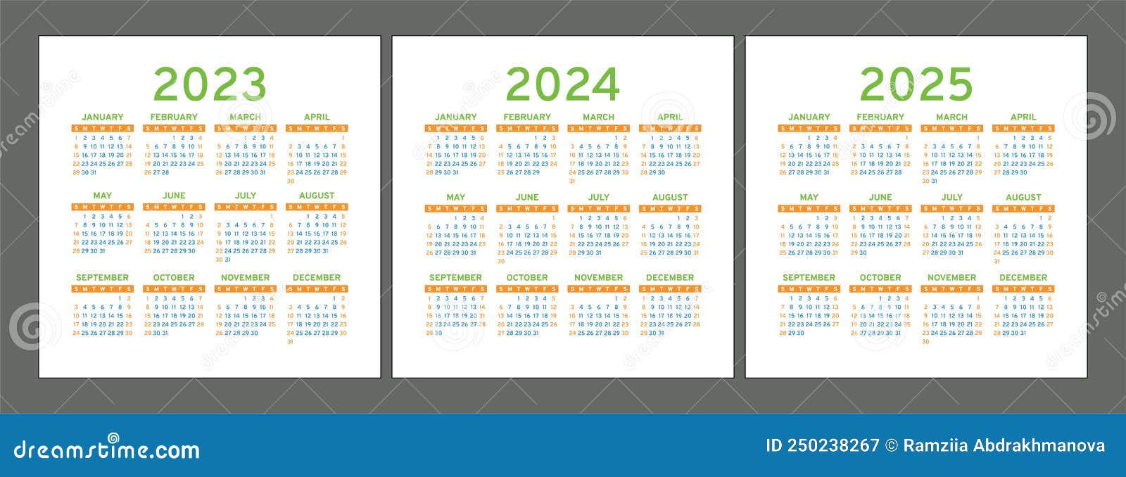Calendar 2023, 2024 and 2025 Years. Square Vector Calender Design