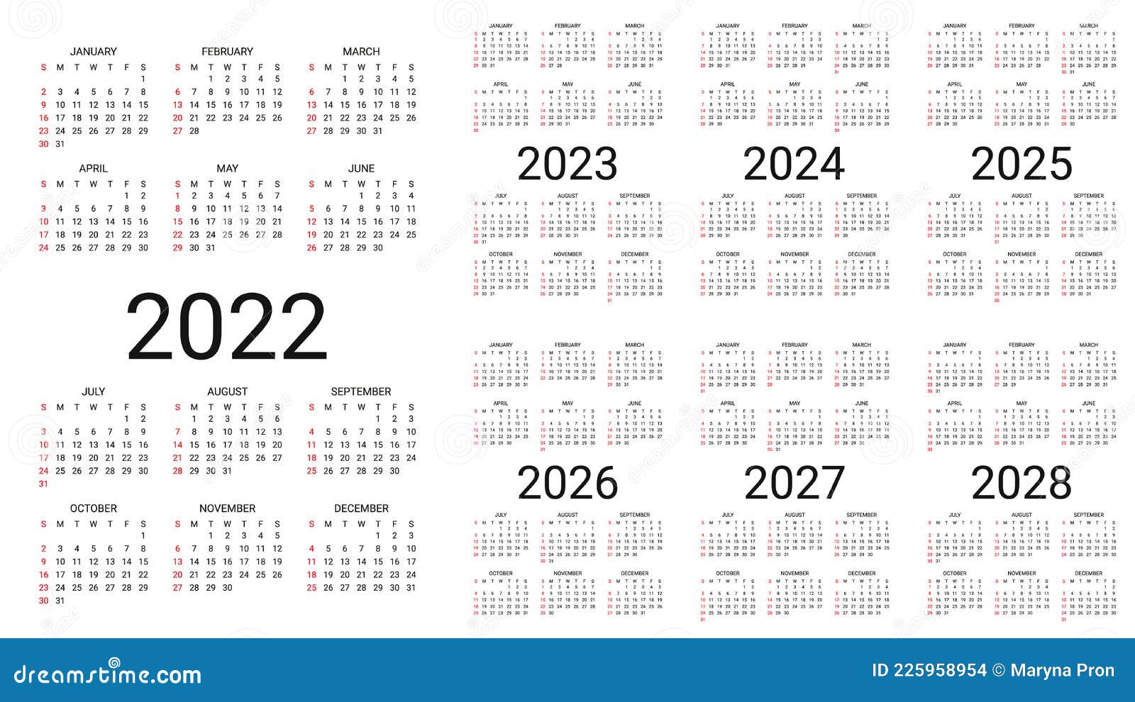 Calendar 2022, 2023, 2024, 2025, 2026, 2027, 2028 Years. Vector